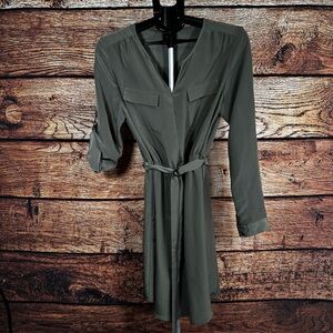 Mossimo Womens Olive Green Utility Shirt Dress Long Roll Tab Sleeve Belted Large